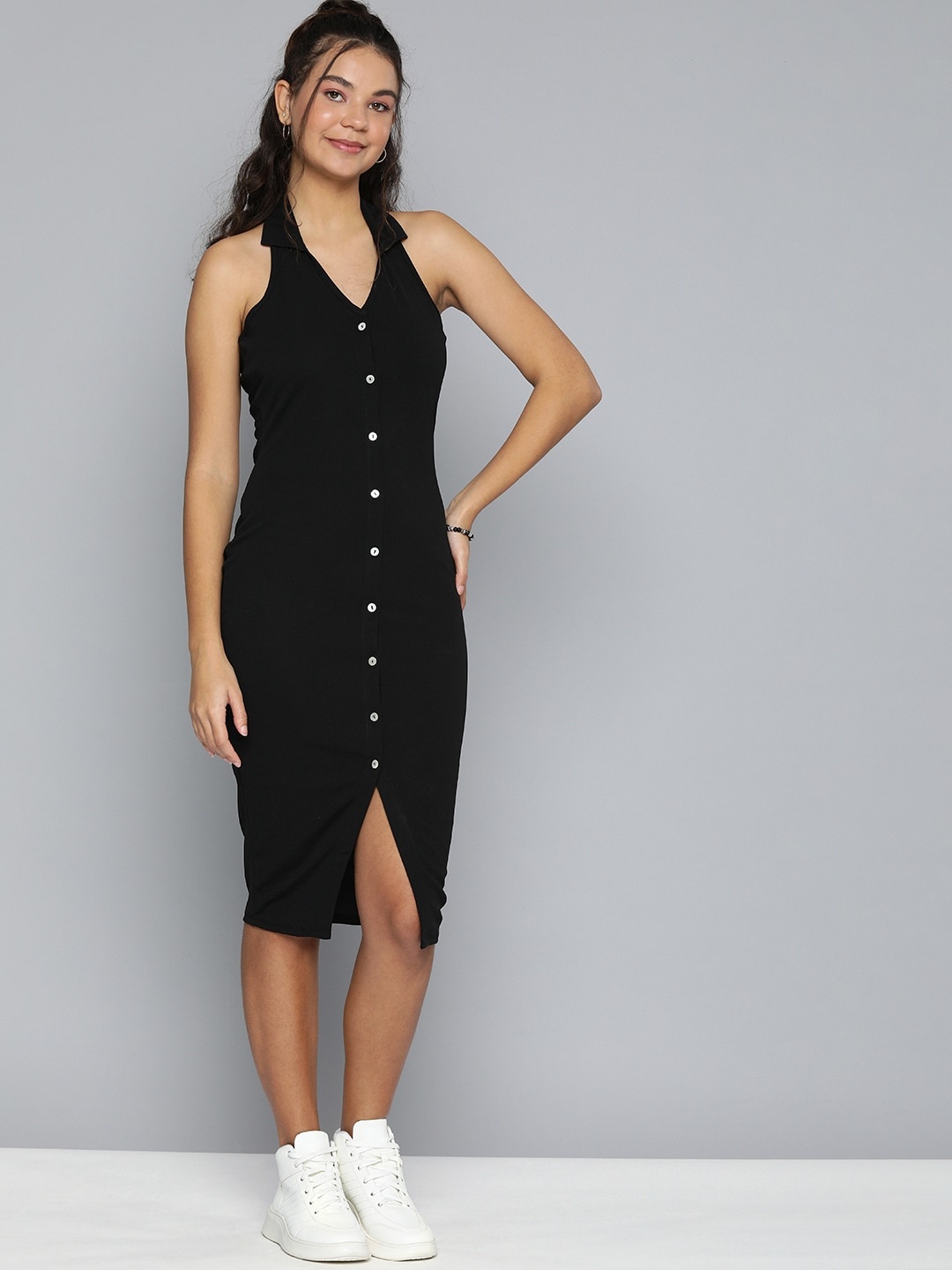 

HERE&NOW Black Solid Halter Neck Bodycon Midi Dress