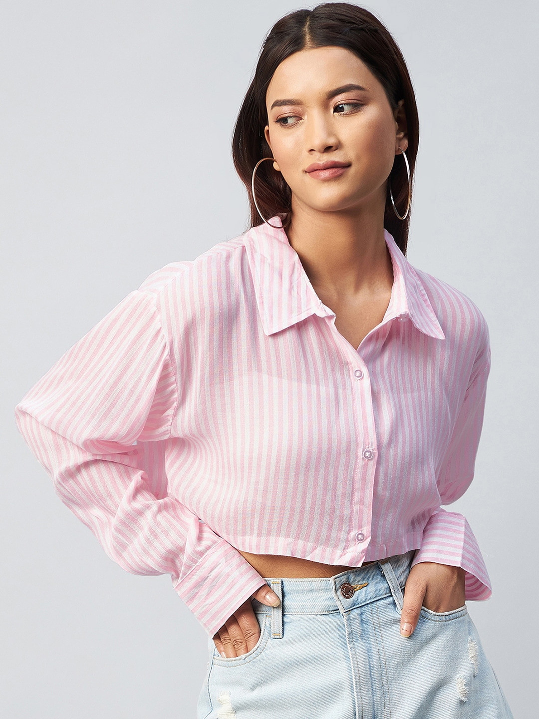 

CHIMPAAANZEE Women Pink & White Relaxed Striped Casual Shirt