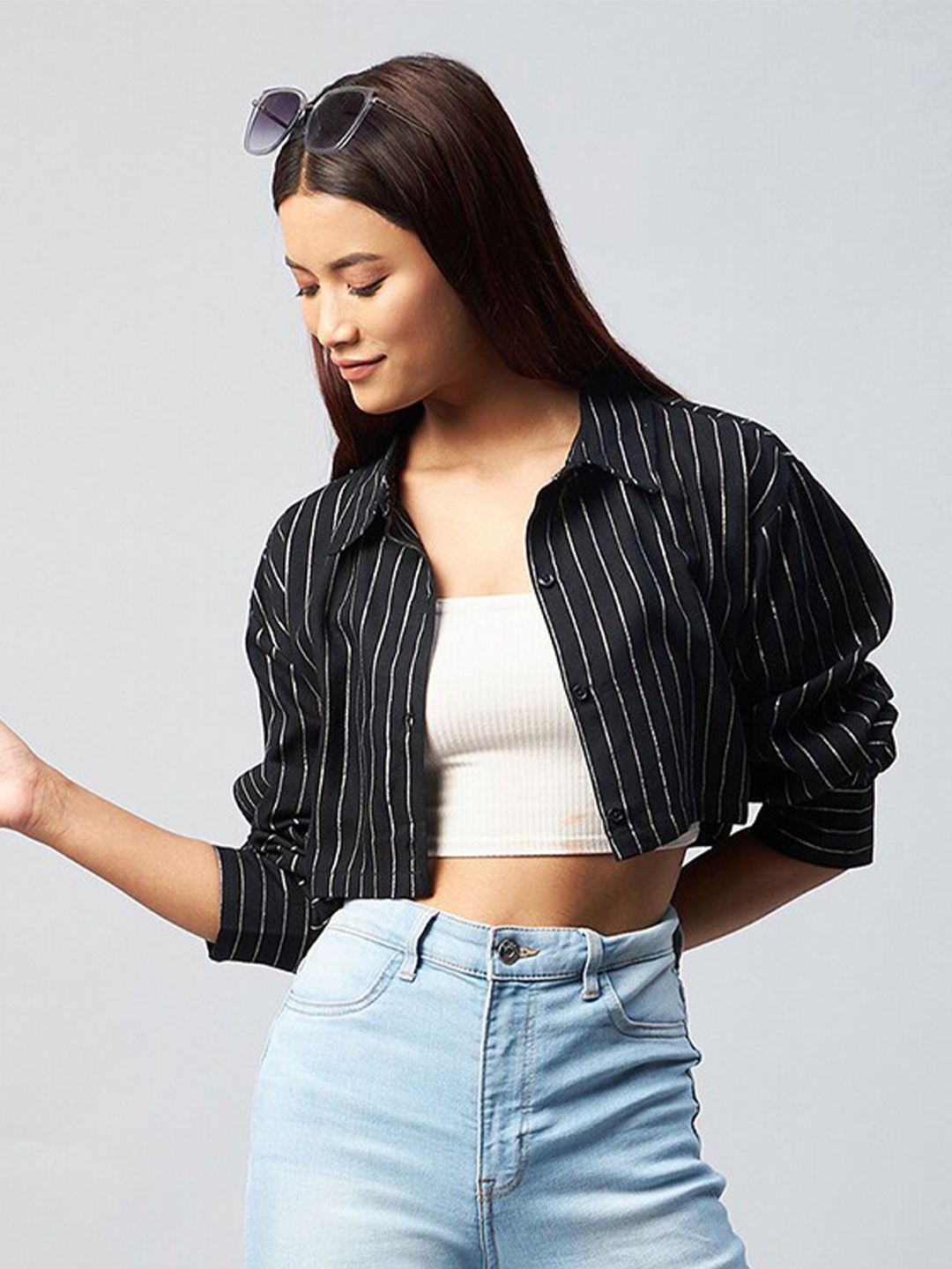 

CHIMPAAANZEE Women Black Relaxed Striped Casual Shirt