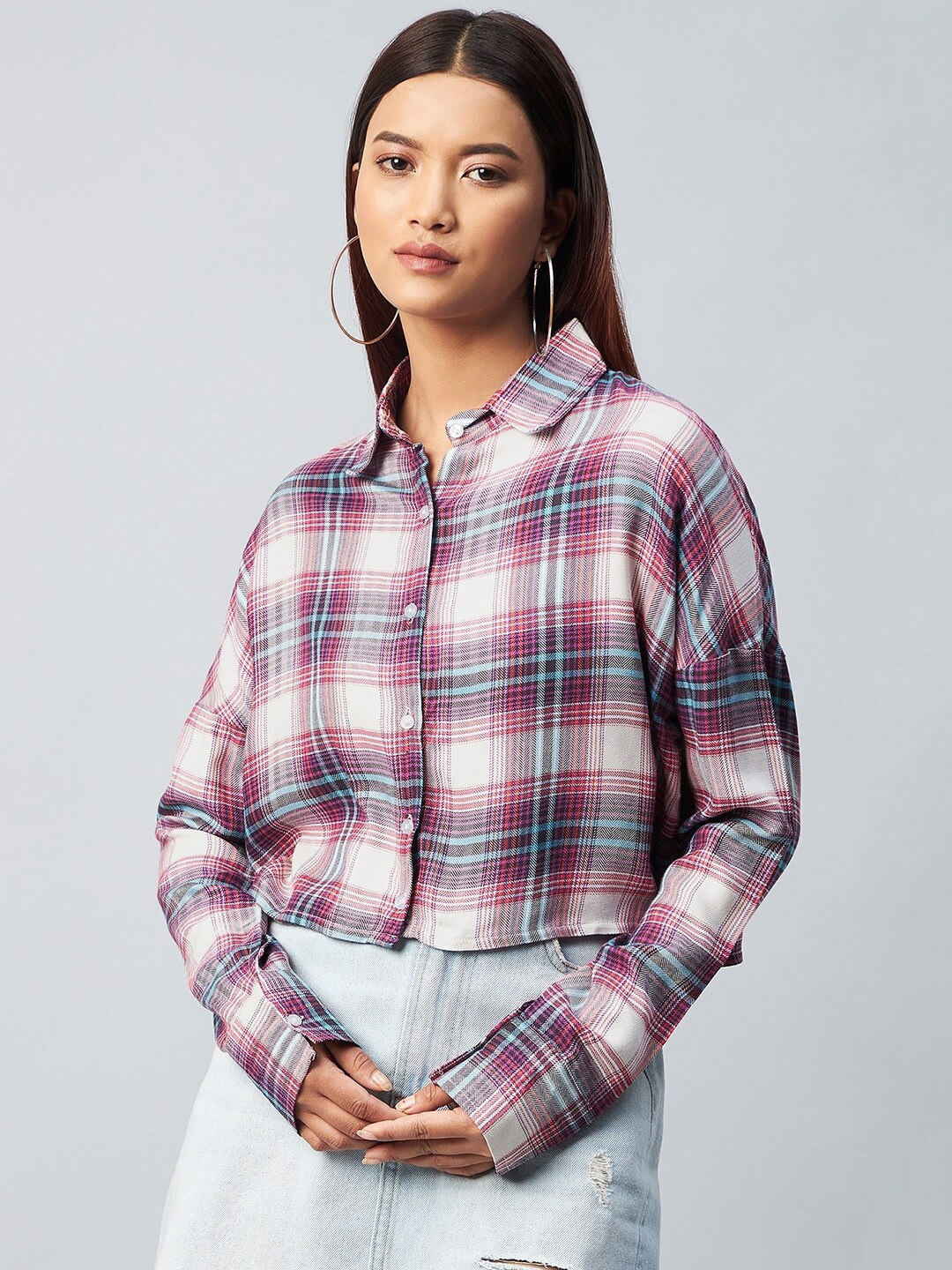 

CHIMPAAANZEE Women Multicoloured Oversized Oversized Tartan Checked Crop Casual Shirt, Multi