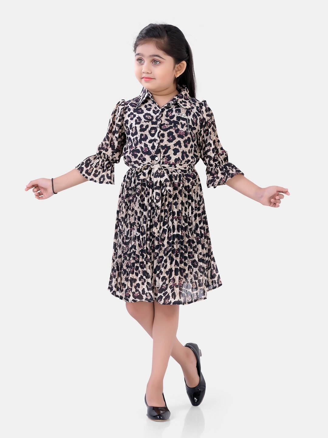 

POPLINS Brown Animal Printed Shift Semi Sheer Cotton Flared Dress Neck Collar Shirt