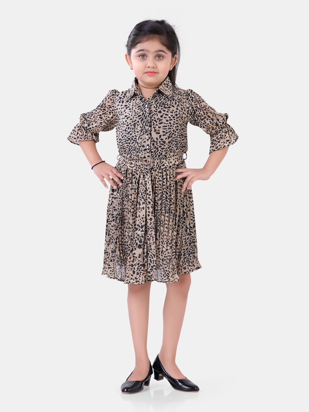 

POPLINS Girls Brown & Navy Blue Animal Printed Cotton Shirt Dress