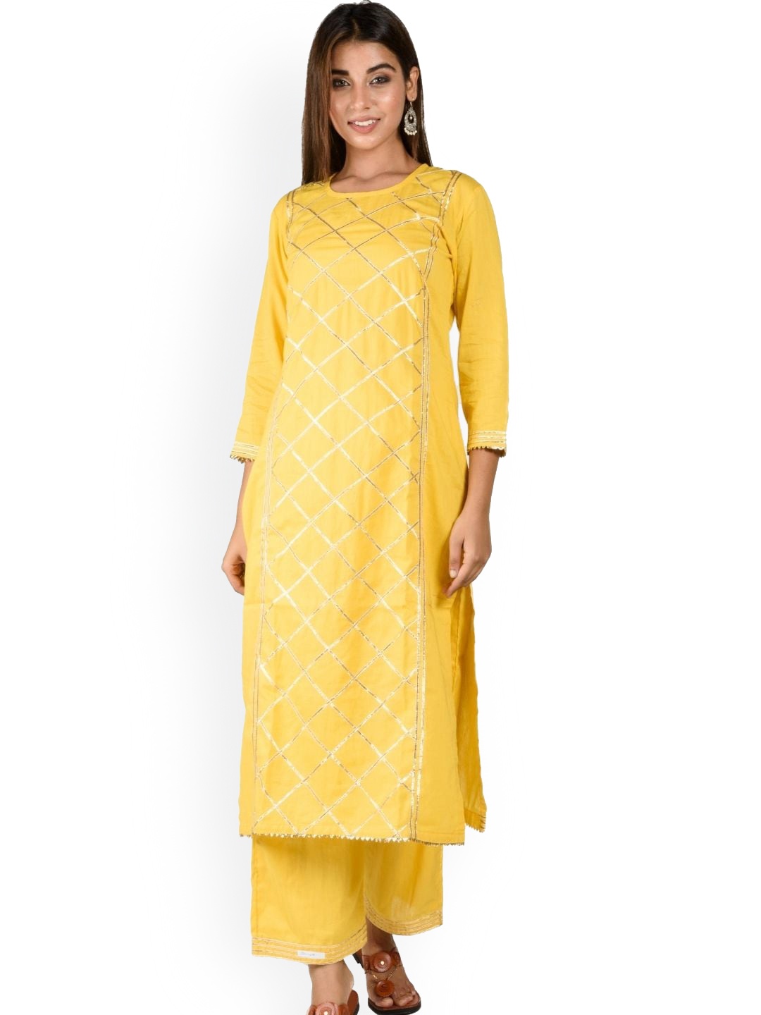 

HOUSE OF JAMOTI Women Yellow Embroidered Gotta Patti Pure Cotton Kurta with Palazzos