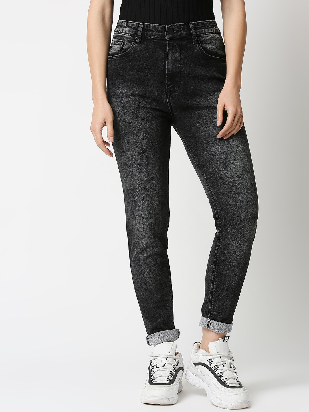 

High Star Women Black Slim Fit High-Rise Heavy Fade Stretchable Jeans