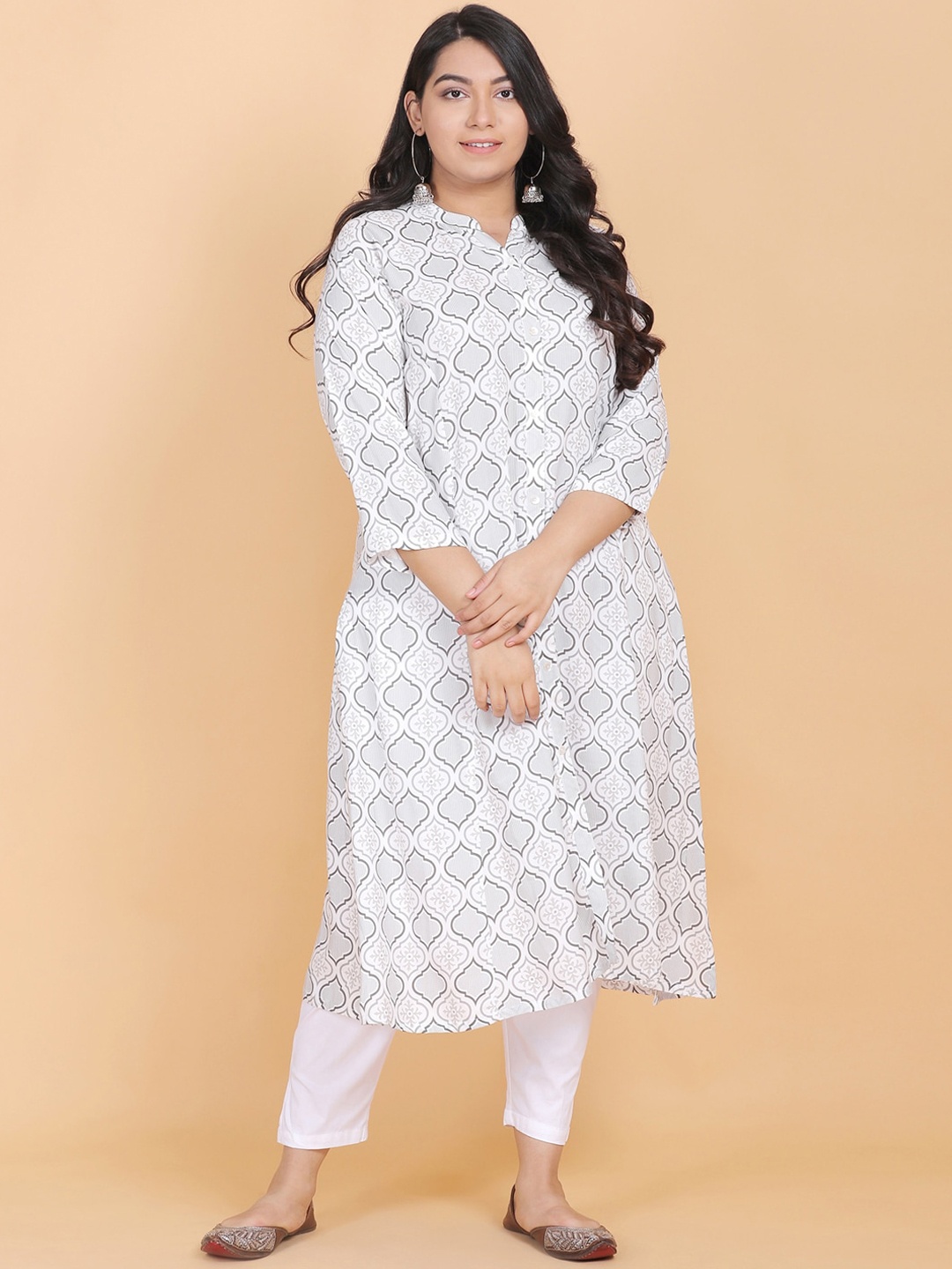 

LastInch Women White Geometric Printed A-line Kurta