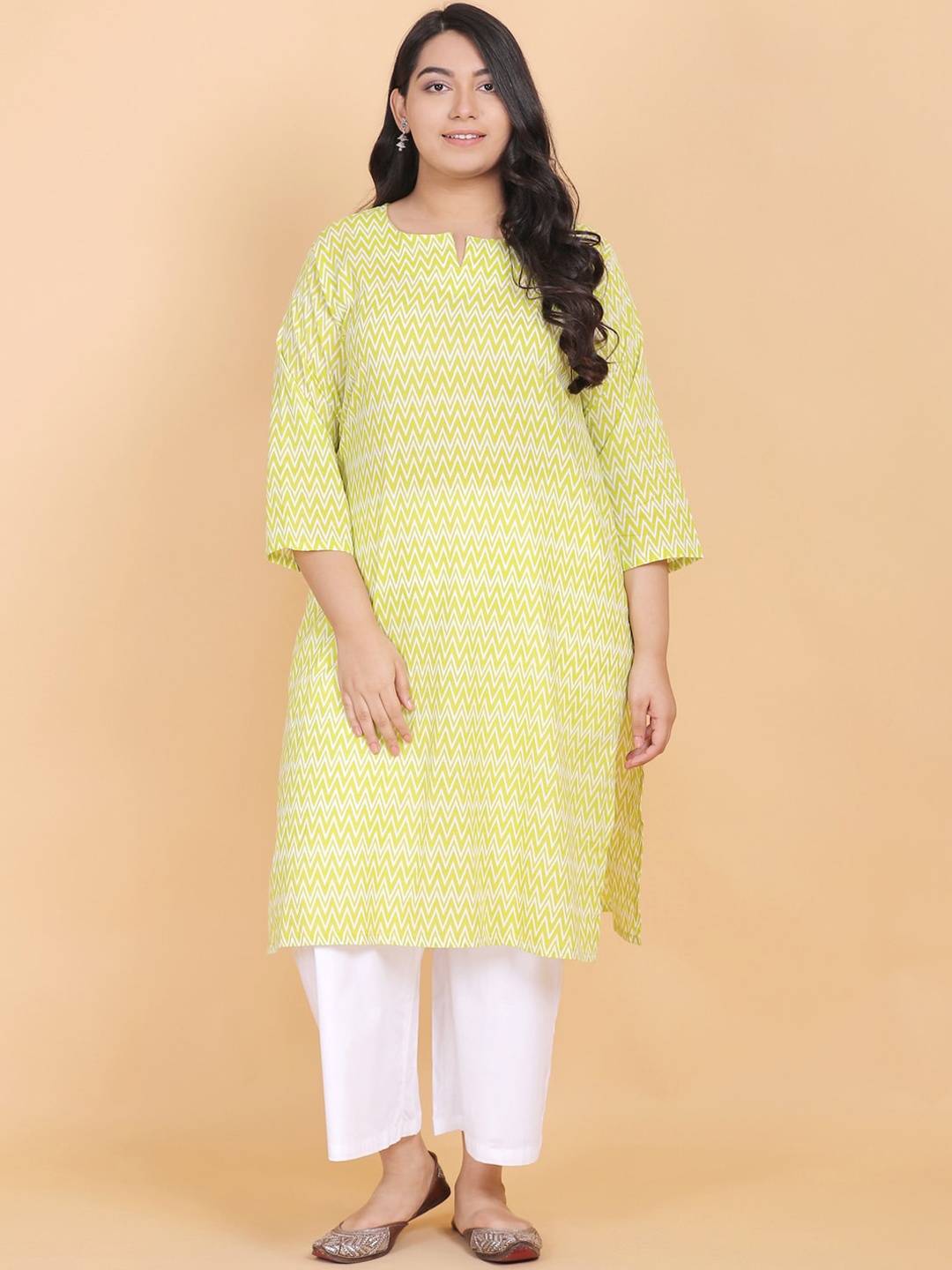 

LastInch Women Yellow Zig-Zag Print Cotton Kurta