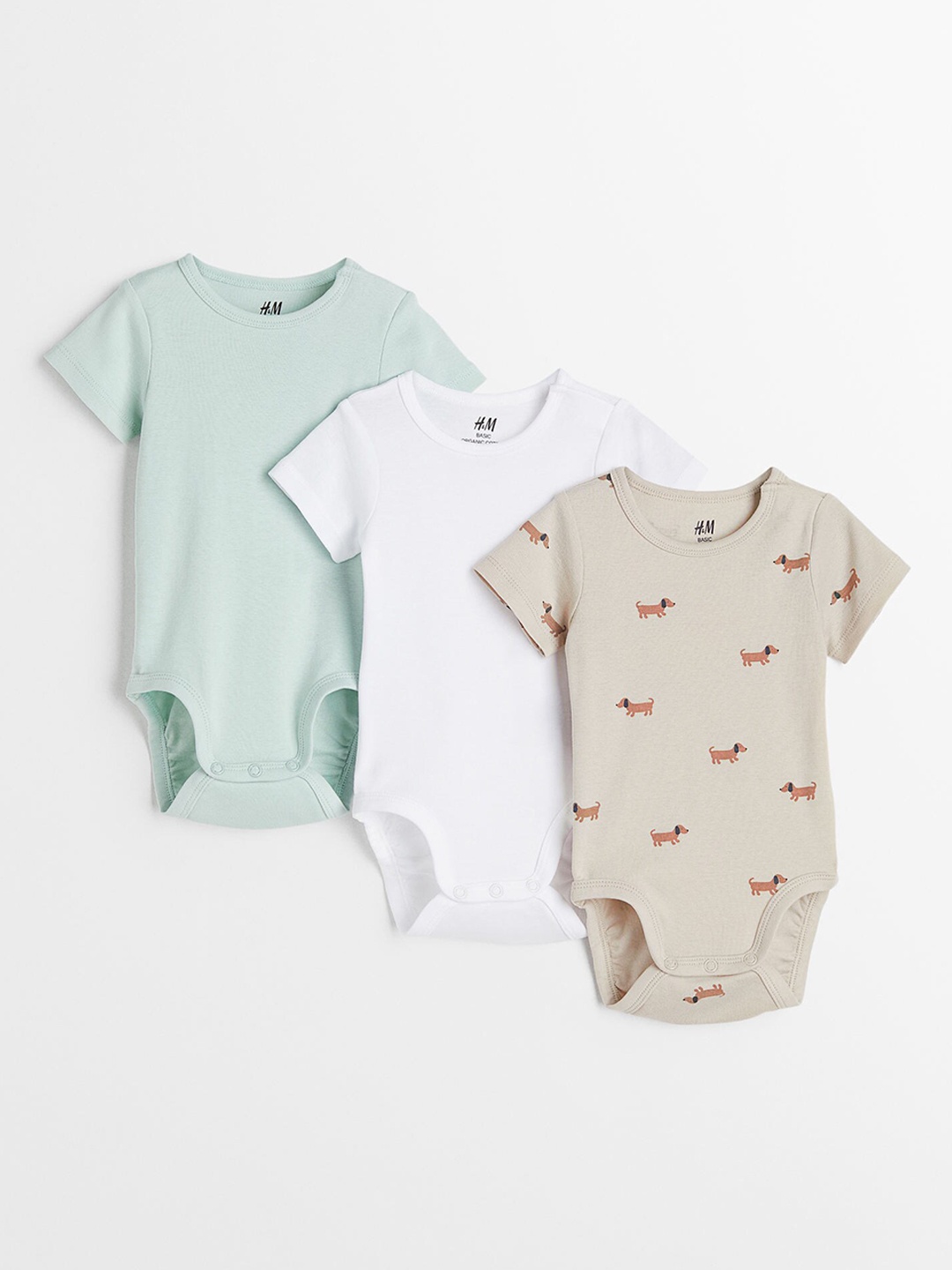 

H&M Girls 3-Pack Short-Sleeved Cotton Bodysuits, Beige