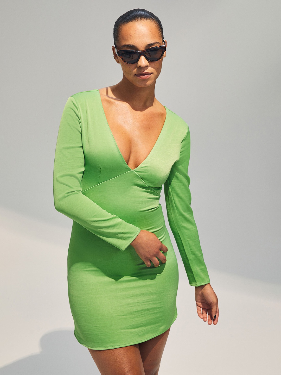 

H&M Women Green V-Neck Dress