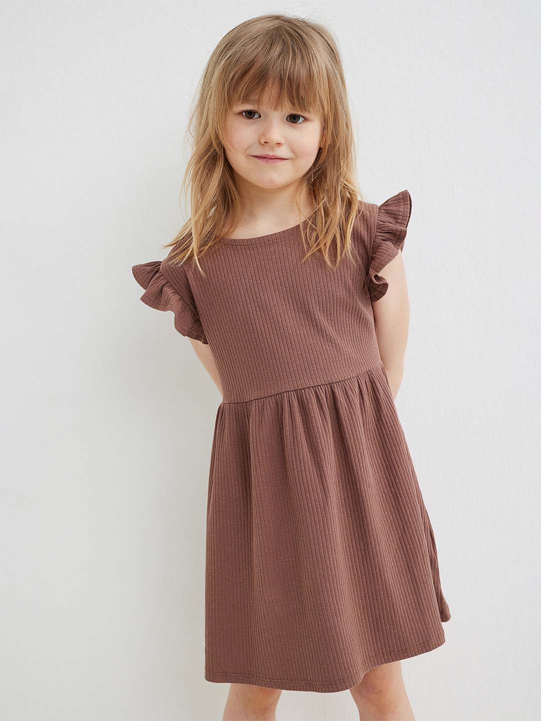 

H&M Girls Brown Round Neck Ribbed Jersey Dress