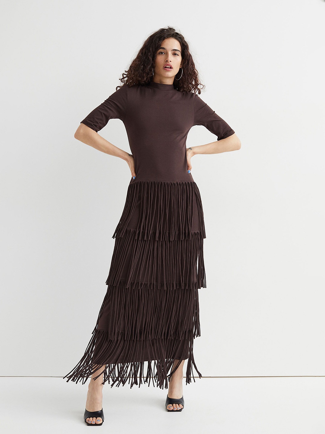 

H&M Women Brown Solid Fringe-Trimmed Jersey Dress
