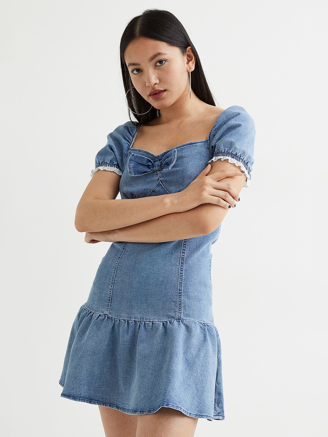 

H&M Women Bow-detail Denim Dress, Blue