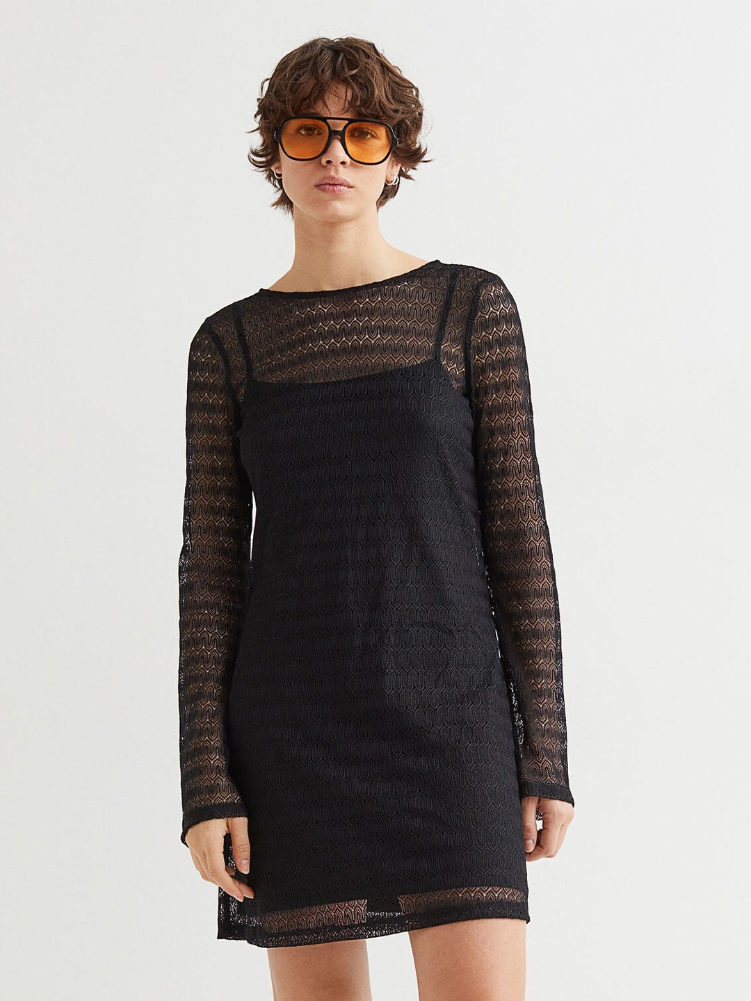 

H&M Women Black Self Design Round Neck Lace-Knit Dress