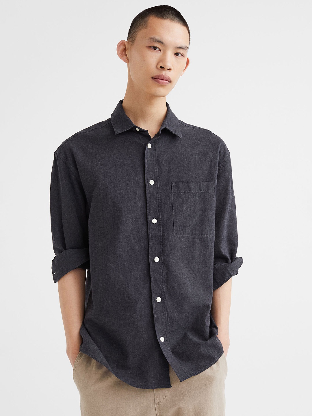 

H&M Men Black Relaxed Fit Linen-Blend Shirt