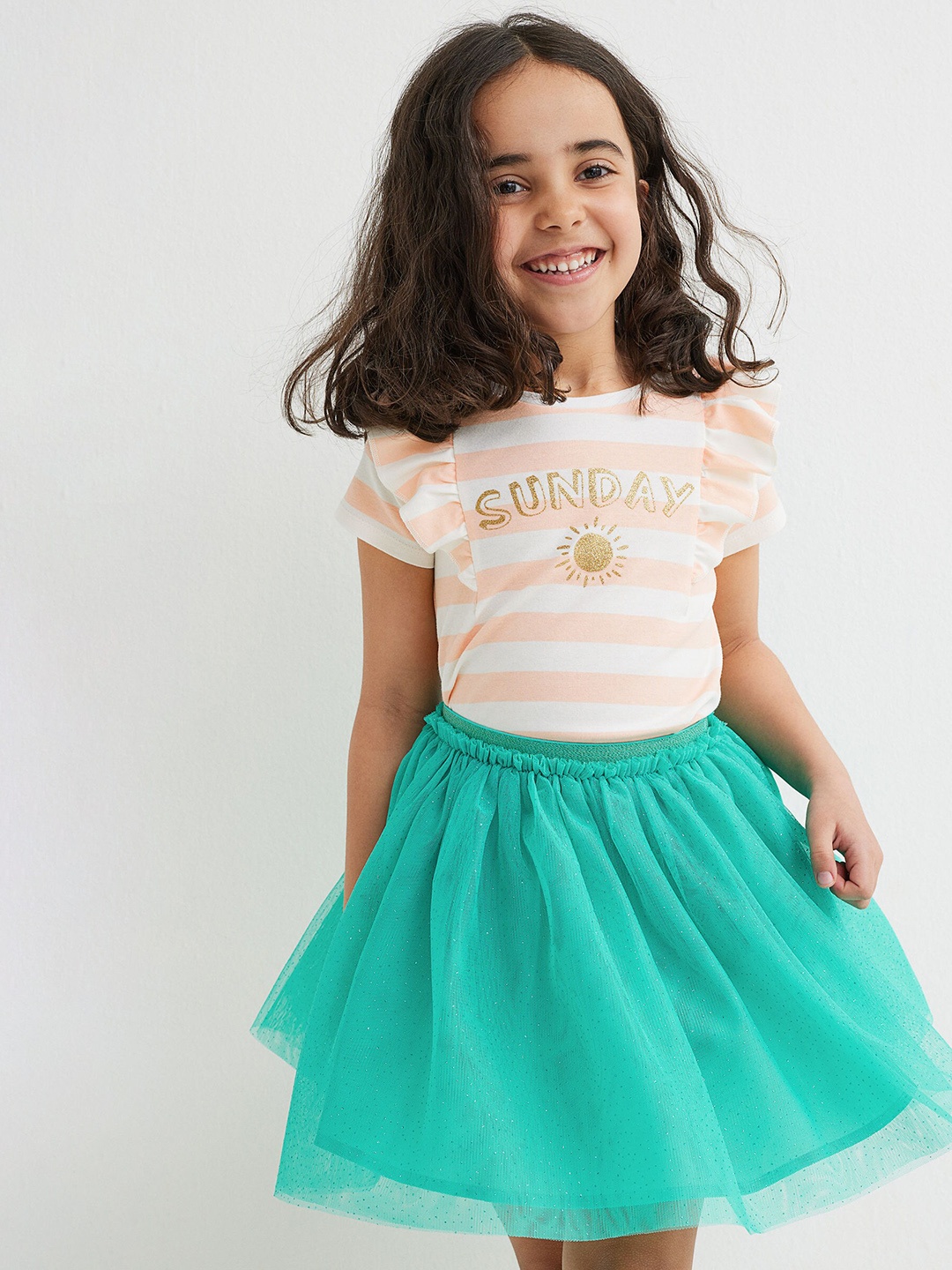 

H&M Girls White & Green Printed Top with Skirt