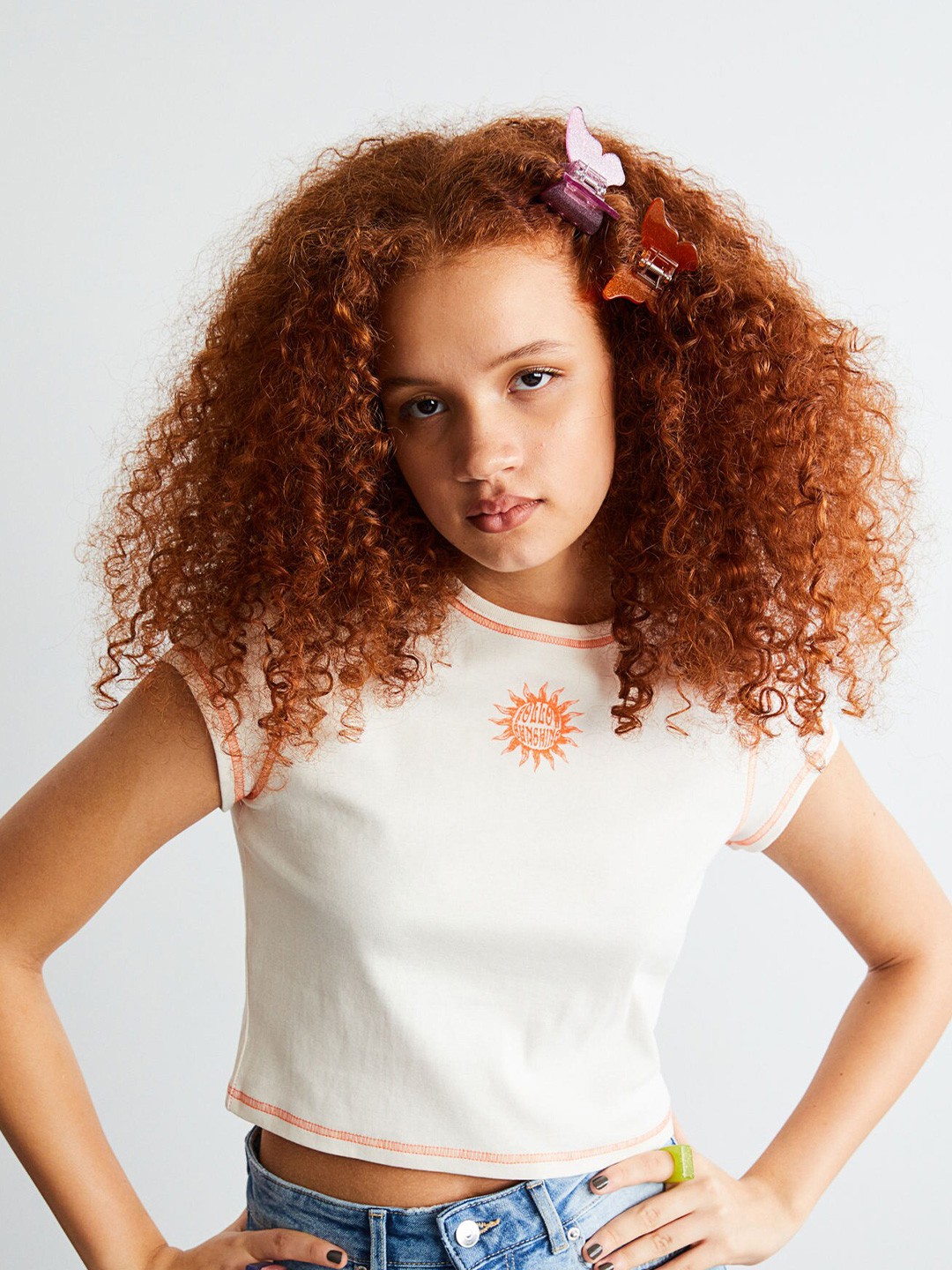 

H&M White Printed Cropped Top