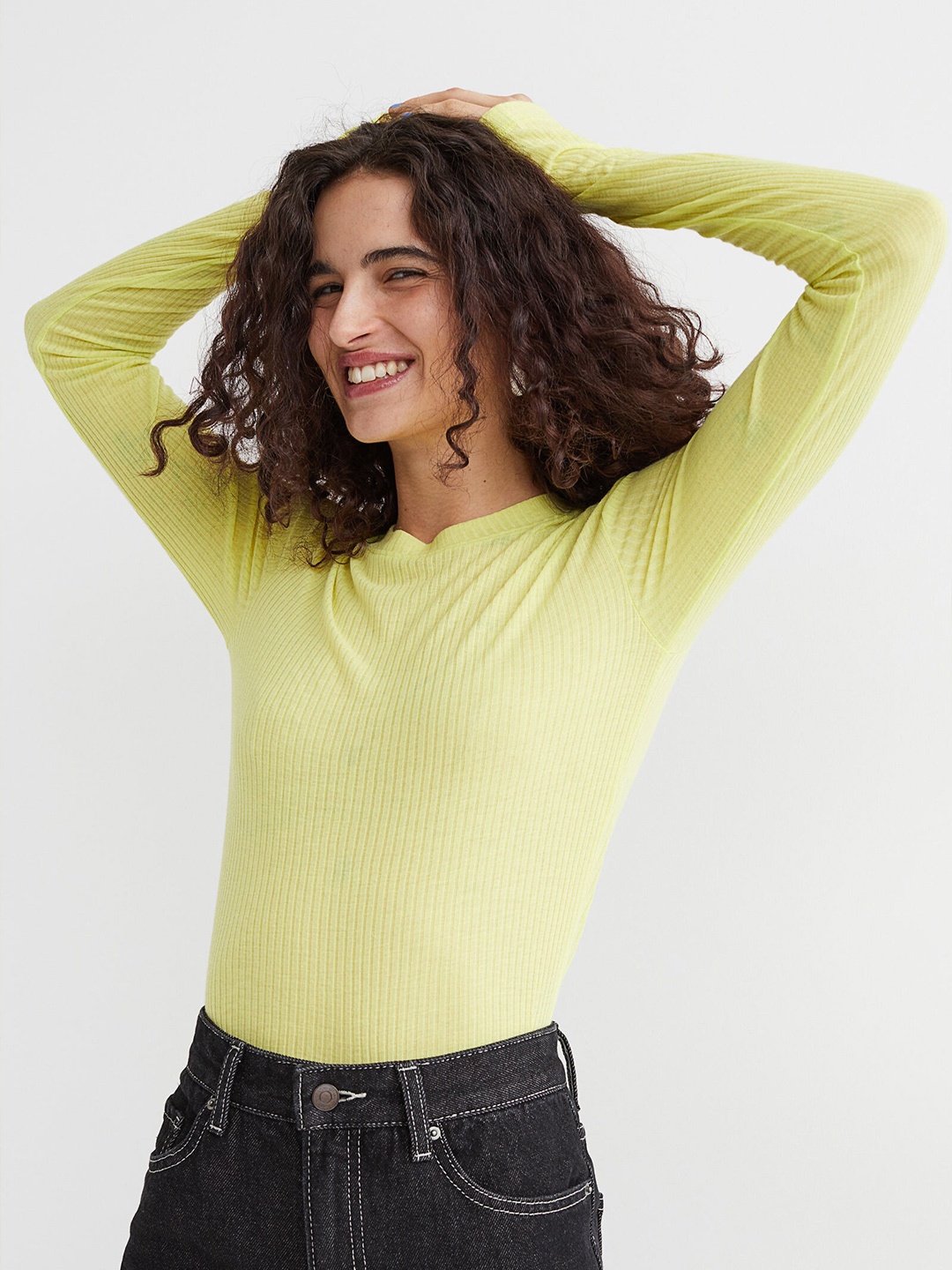 

H&M Women Yellow Round Neck Ribbed Top