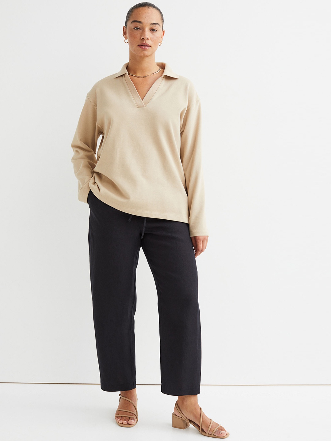 

H&M Women Black Pull-On Linen-Blend Trousers