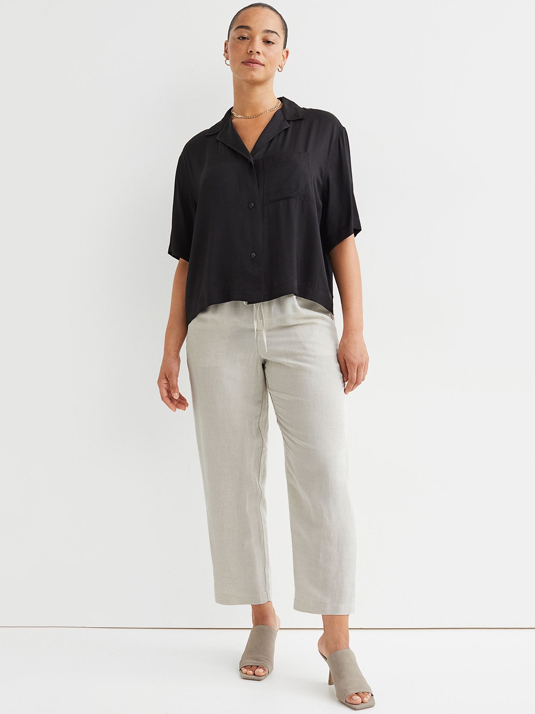 

H&M Women Regular Fit Beige Pull-On Linen-Blend Trousers