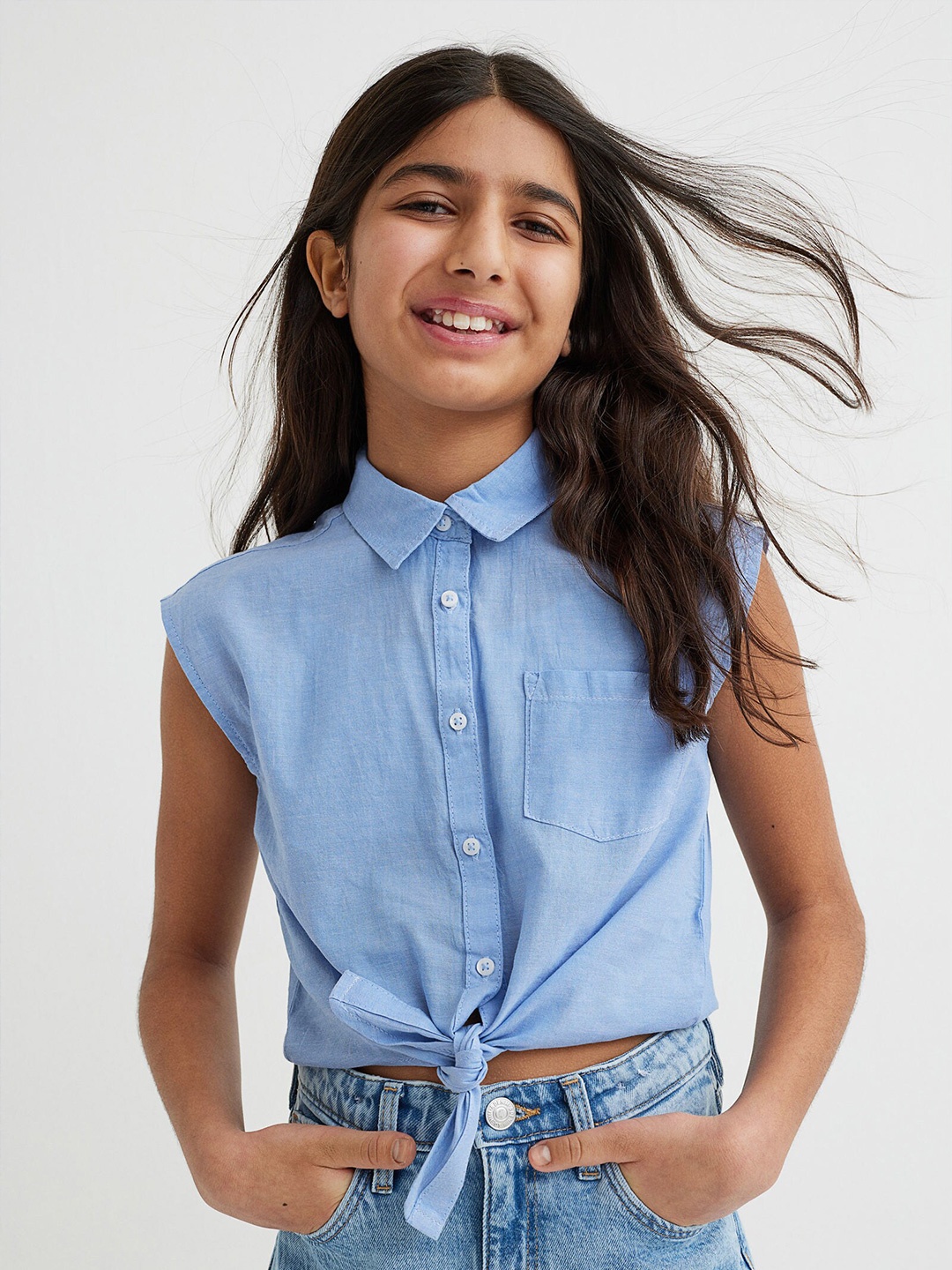 

H&M Girls Blue Tie-Hem Cotton Blouse