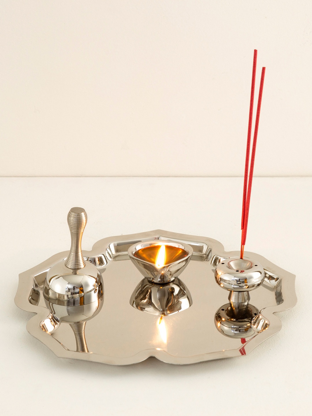 

Home Centre Silver-Toned 4Pc Pooja Thali