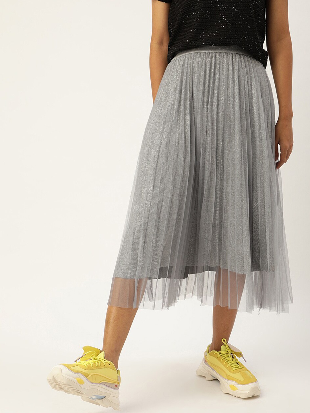 

SHECZZAR Women Grey Solid Accordion Pleated Skirt