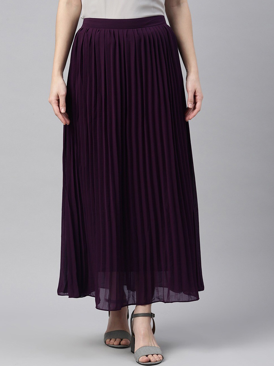 

SHECZZAR Women Purple Solid Accordion Pleated Flared Maxi Skirt