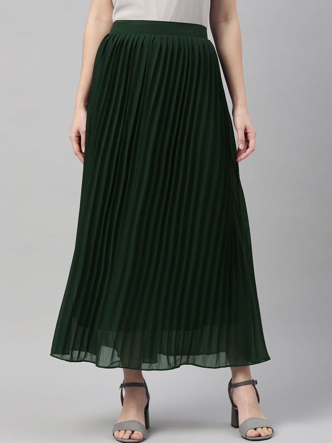

SHECZZAR Women Green Solid Accordion Pleated Flared Maxi Skirt
