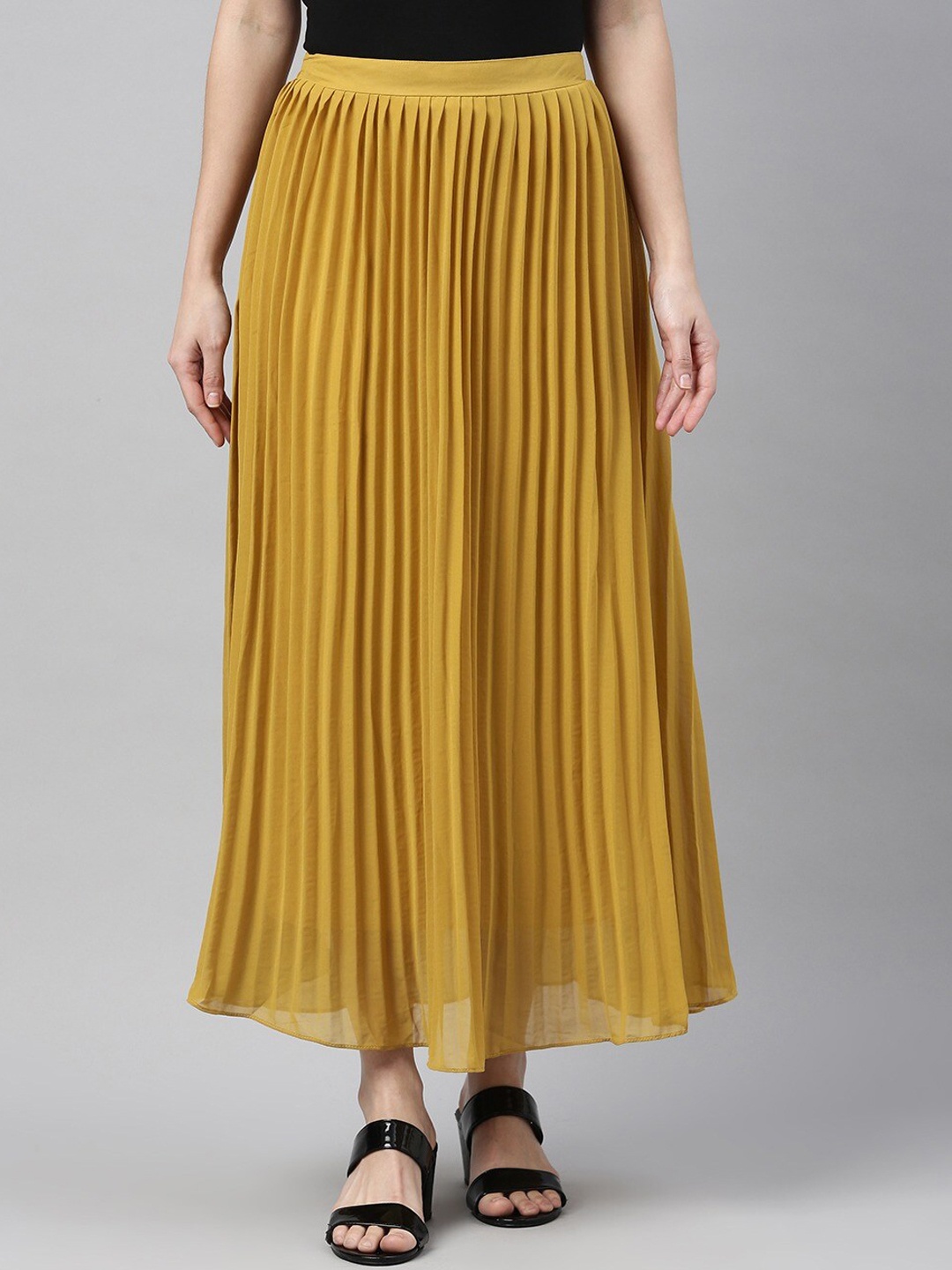 

SHECZZAR Women Mustard Accordion Pleated Flared Skirt