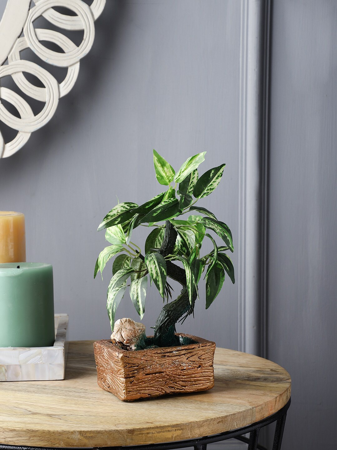 

FOLIYAJ Unisex Green Artificial Stone Base Bonsai Plant