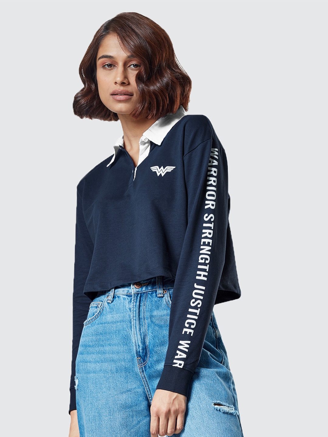 

The Souled Store Women Navy Blue Solid Polo Collar Crop T-shirt