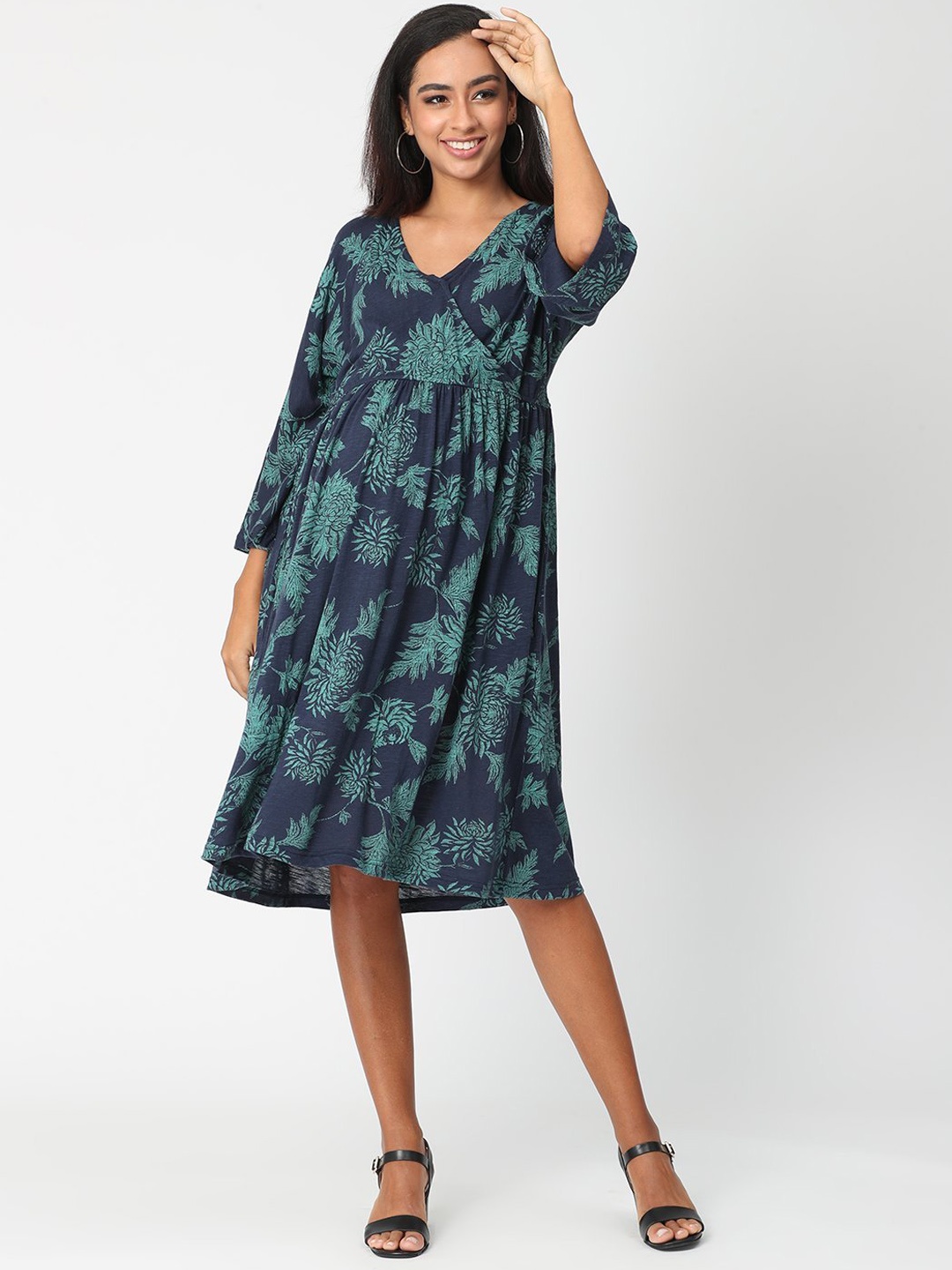 

The Mom Store Women Green Floral Cotton Maternity Empire Dress