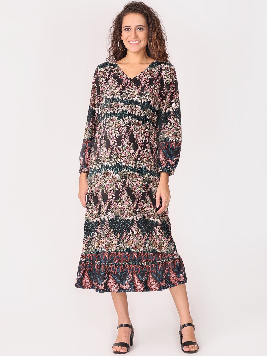 

The Mom Store Women Multicoloured Ethnic Motifs Maternity Midi Dress, Multi