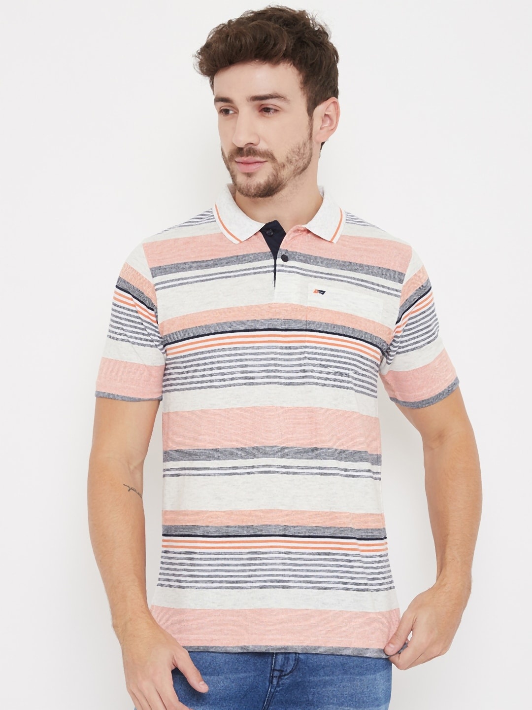 

NEVA Men Grey & Peach-Coloured Striped Cotton Polo Collar T-shirt