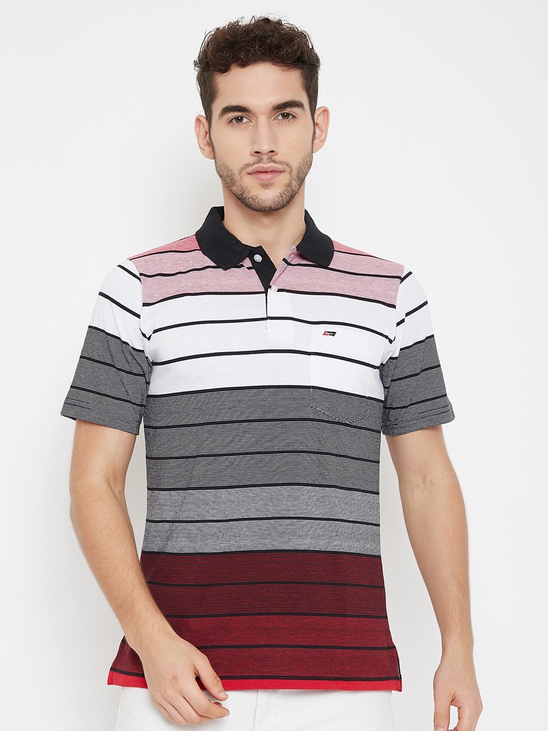 

NEVA Men Black & White Striped Polo Collar T-shirt