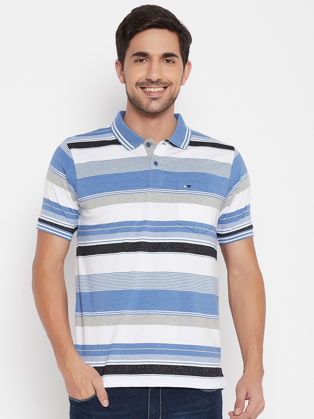 

NEVA Men Blue & White Striped Polo Collar T-shirt