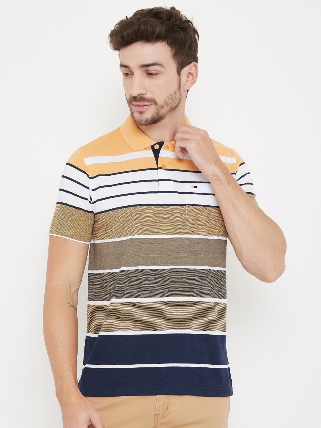 

NEVA Men Beige & White Striped Polo Collar Cotton T-shirt