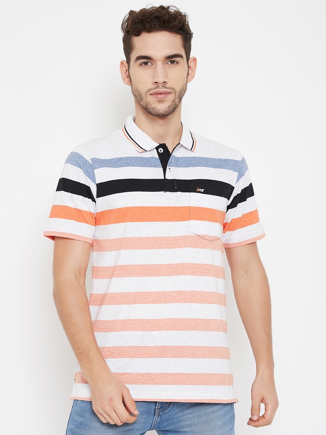 

NEVA Men Orange Striped Polo Collar Cotton T-shirt