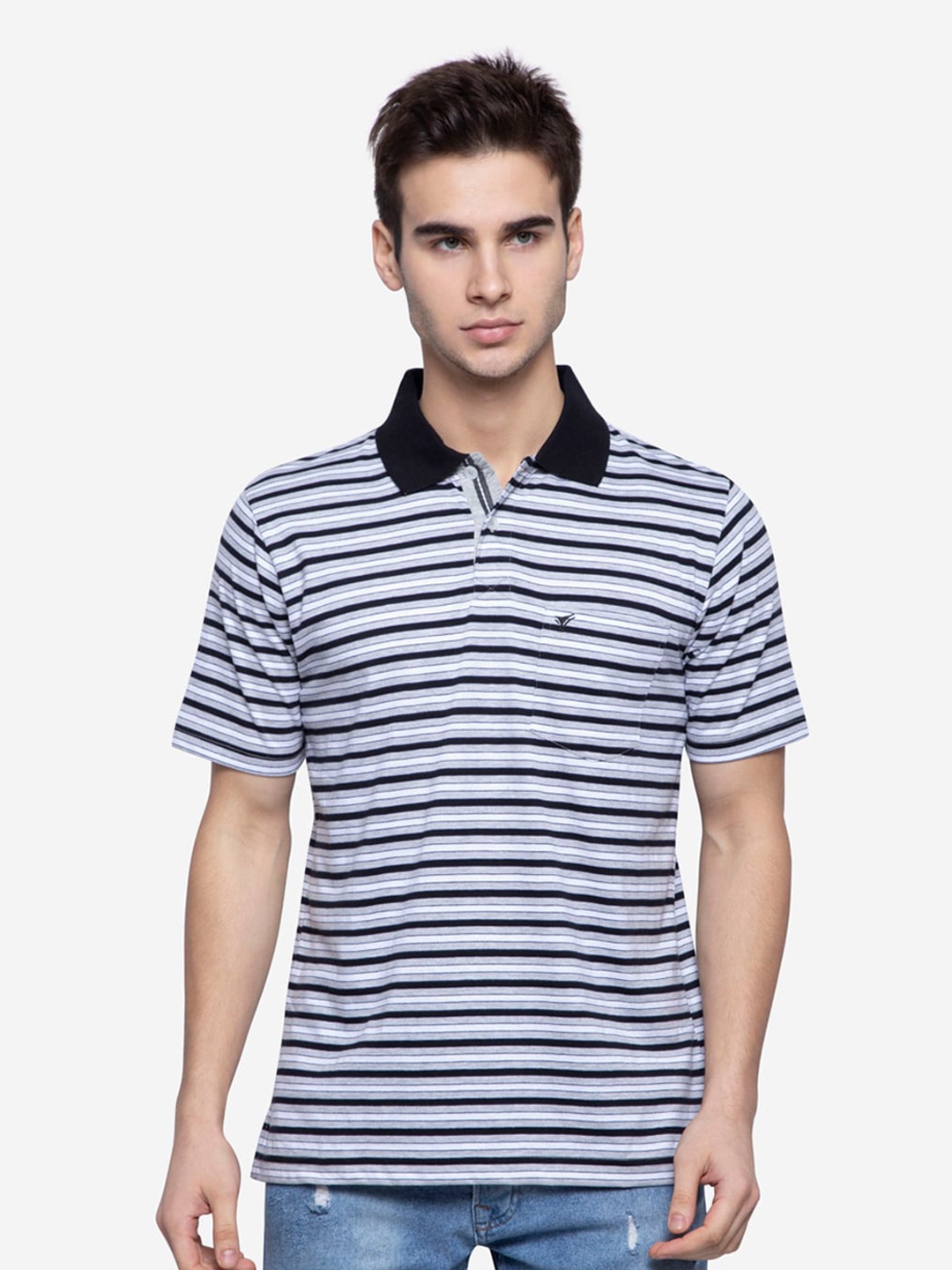 

NEVA Men Black Striped Polo Collar T-shirt