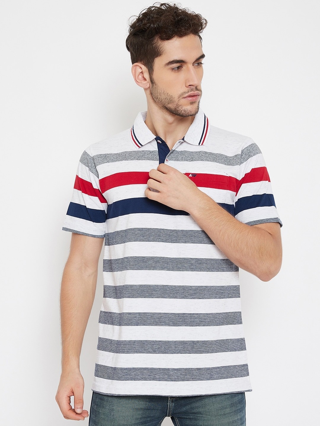 

NEVA Men Red Striped Polo Collar T-shirt