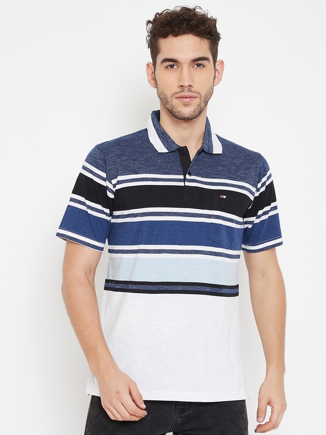 

NEVA Men Blue & White Striped Polo Collar T-shirt