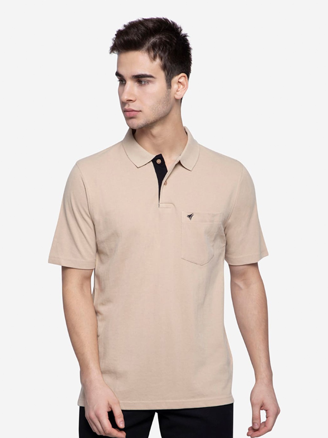 

NEVA Men Beige Solid Cotton Polo Collar T-shirt