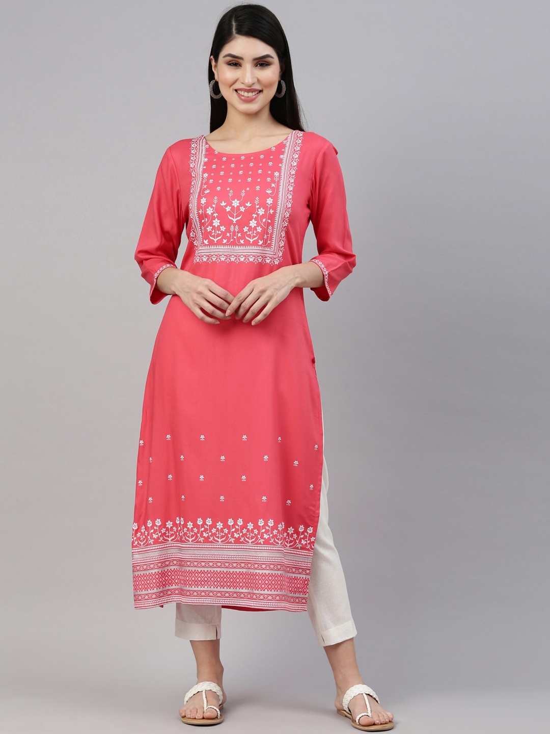 

Marcia Women Pink & White Ethnic Motifs Printed Kurta with Trousers