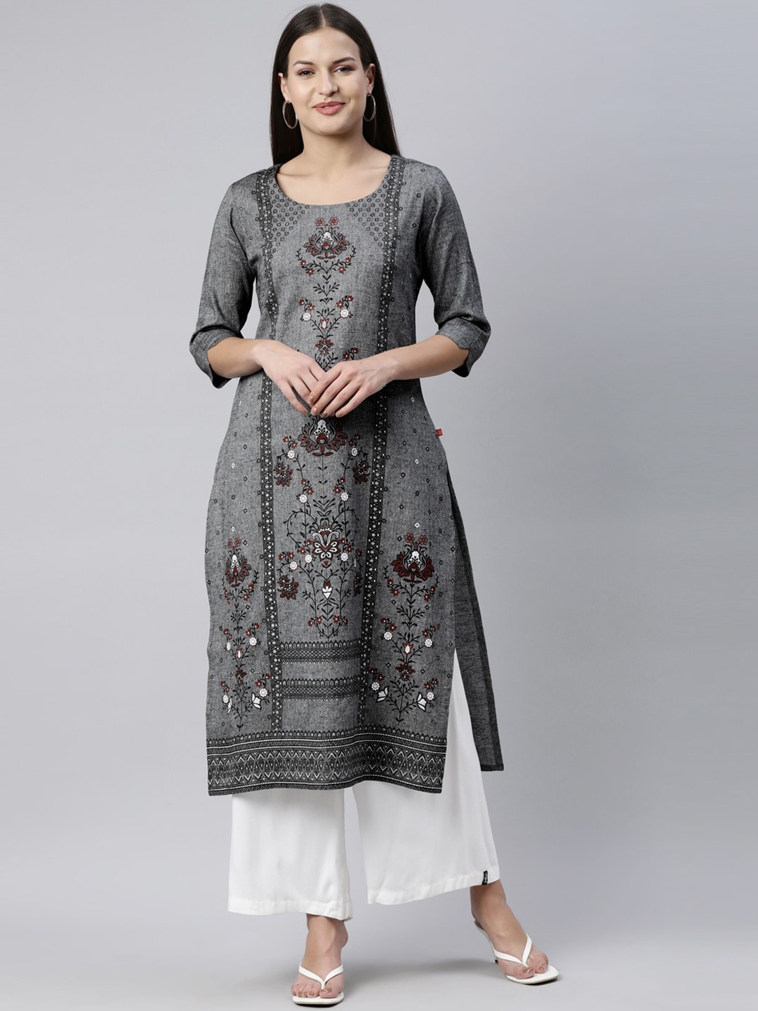 

Marcia Women Grey Ethnic Motifs Printed Round Neck Straight Kurta