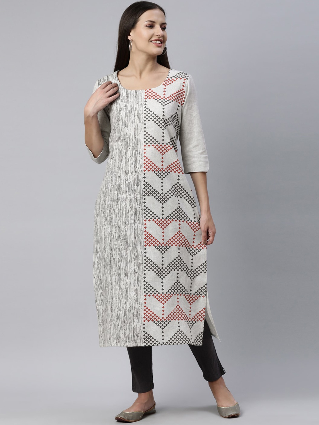 

Marcia Women Grey Ethnic Motfit Printed Three Quarter Sleeves Calf length Kurta