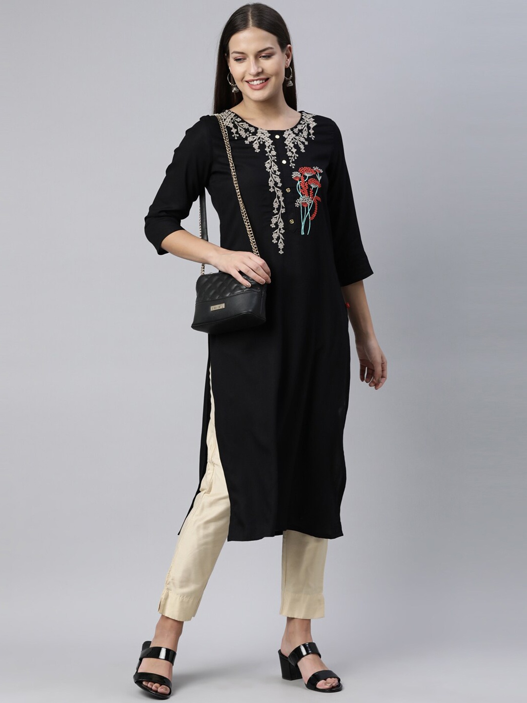 

Marcia Women Black Yoke Design Flared Sleeves Thread Work Kurta