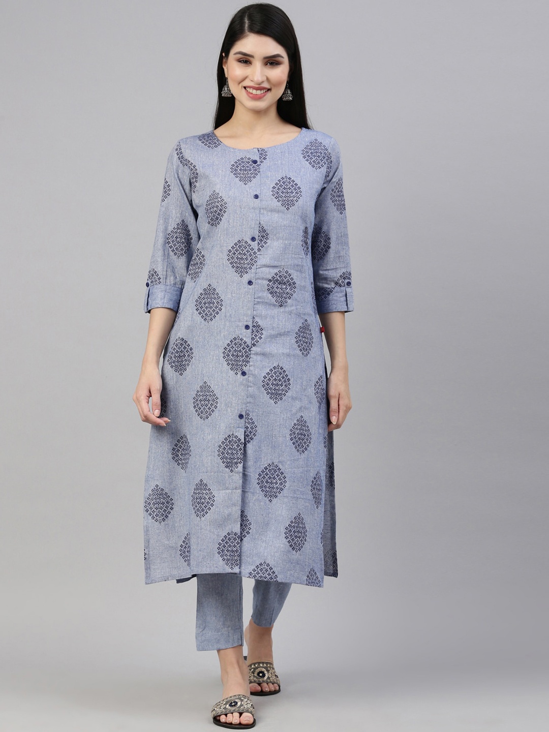 

Marcia Women Blue Ethnic Motifs Printed Pure Cotton Kurta with Trousers
