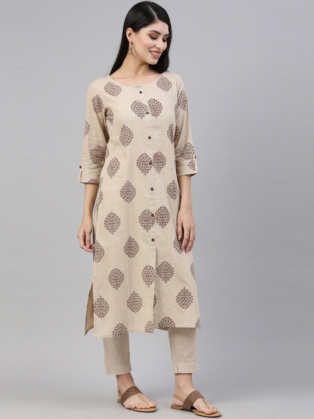 

Marcia Women Beige Floral Printed Pure Cotton Kurta with Trousers