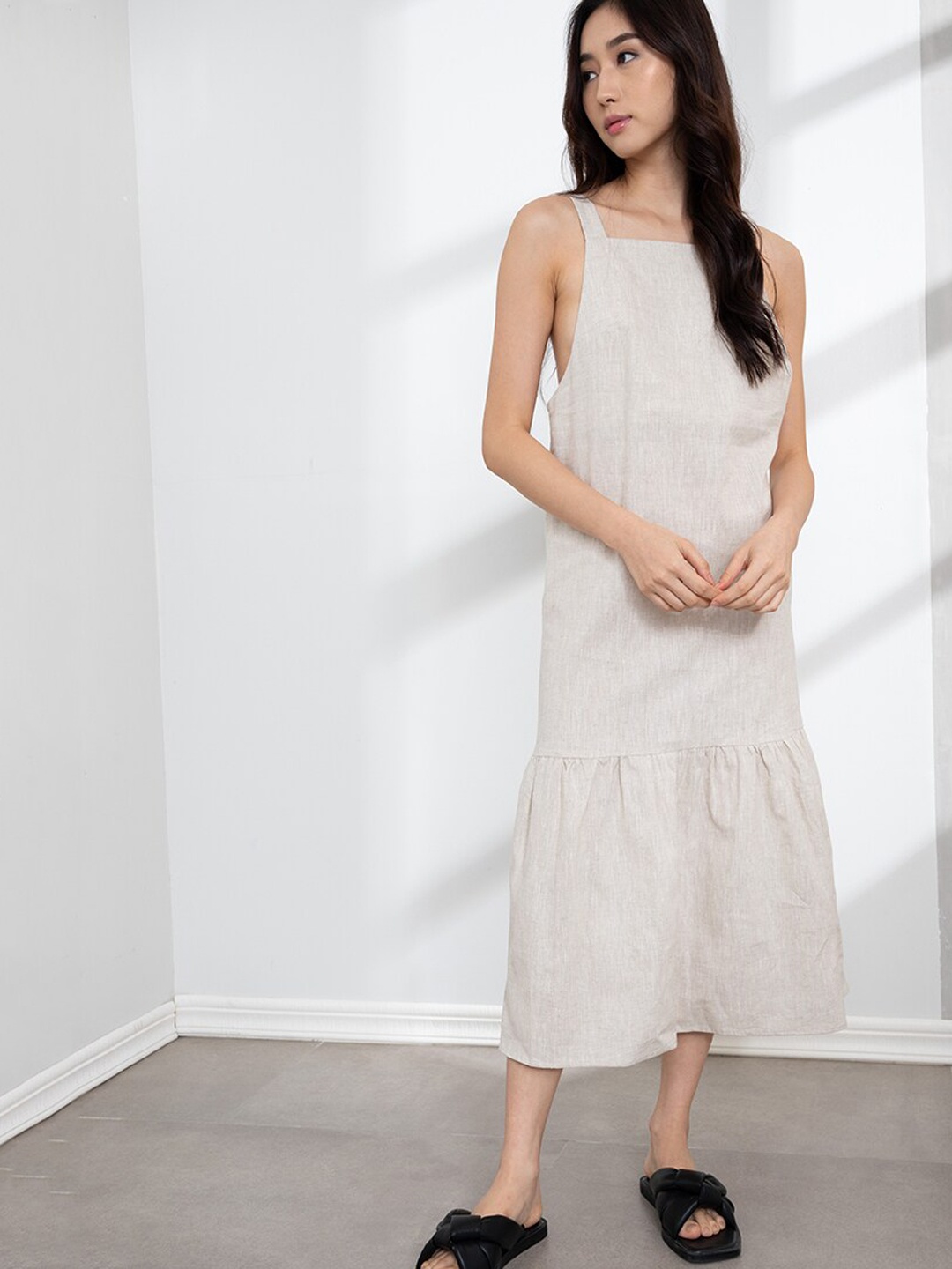 

ORIGIN BY ZALORA Beige Linen Drop Ruffle Midi Dress