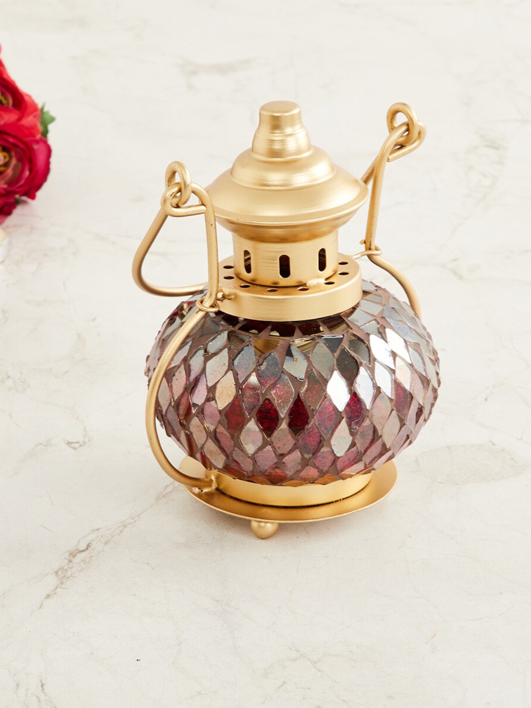 

Home Centre Red & Gold-Toned Textured Lantern Candle Holder