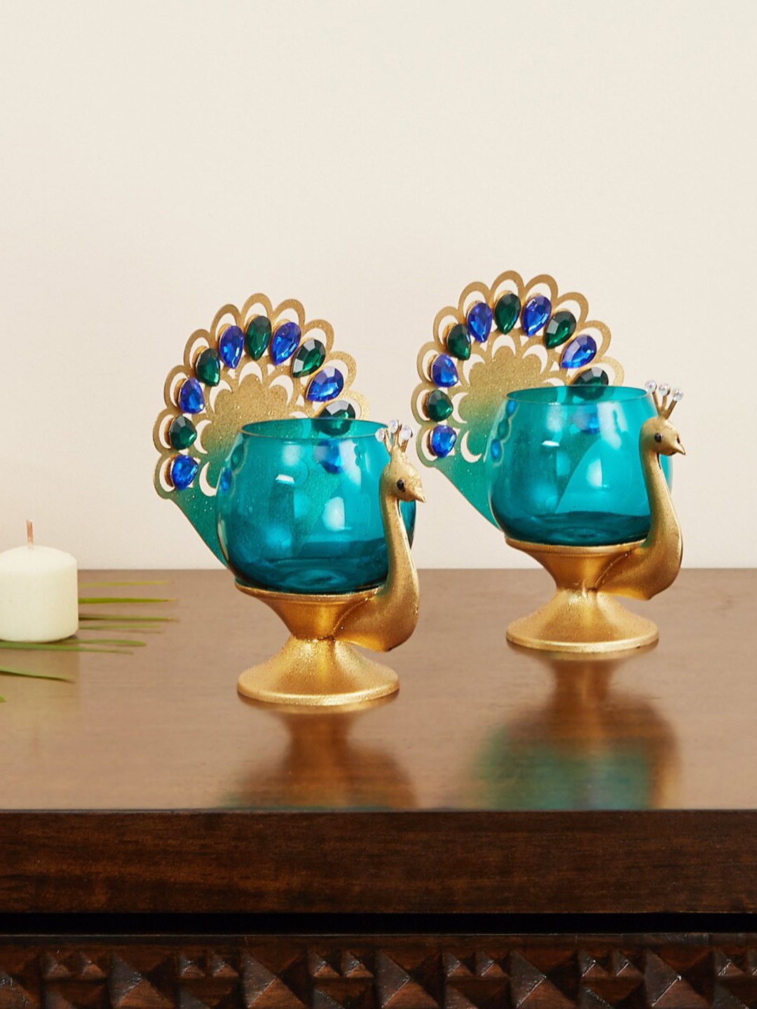 

Home Centre Set Of 2 Blue & Gold-Toned Solid Mayur Zahi Peacock Votive Candle Holders